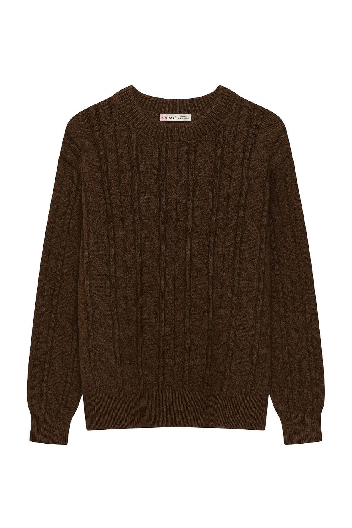 6986 Kadın Oversize Saç Örgü Yumuşak Dokulu Triko Kazak Kahve