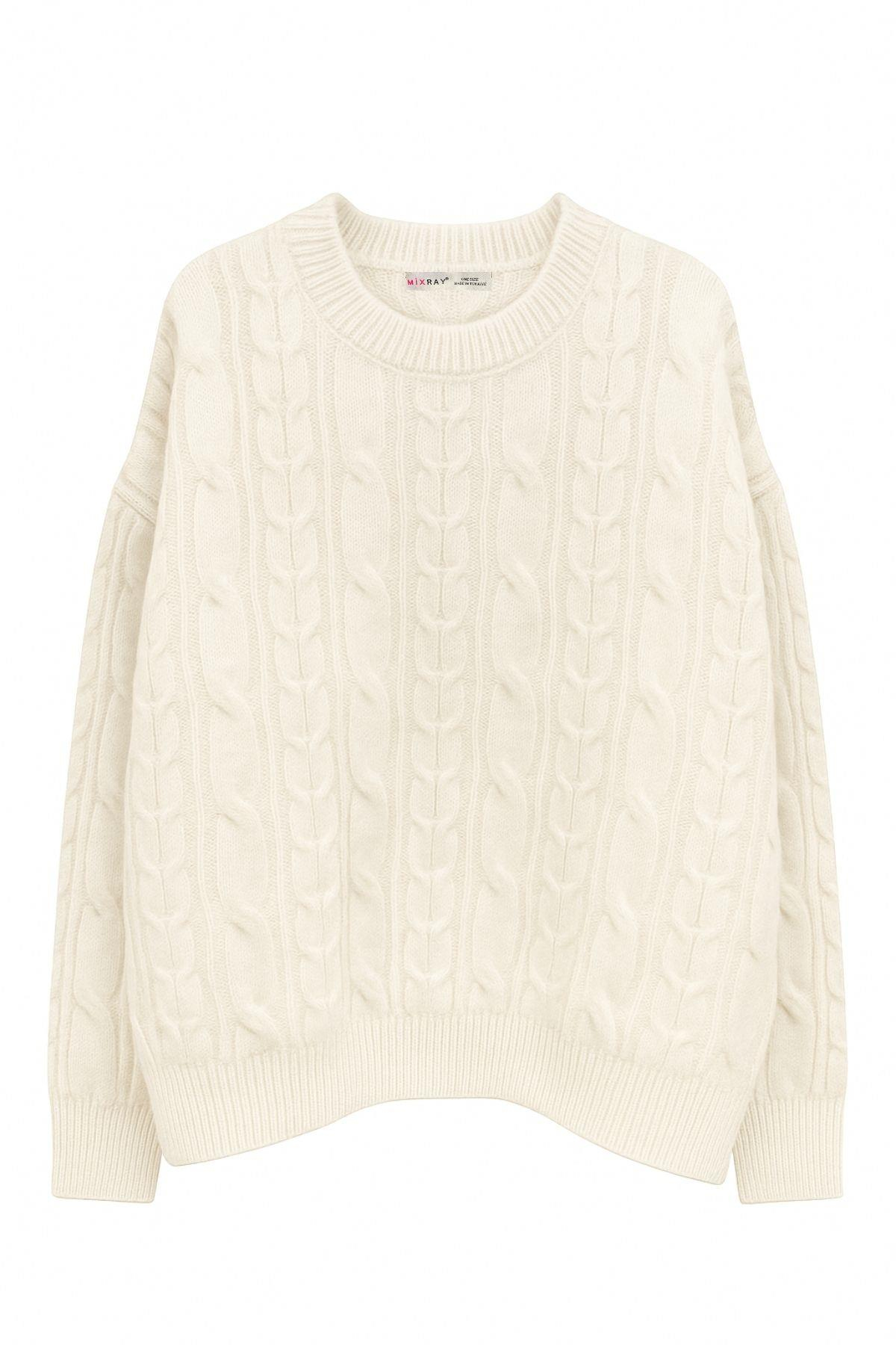 6986 Kadın Oversize Saç Örgü Yumuşak Dokulu Triko Kazak Naturel