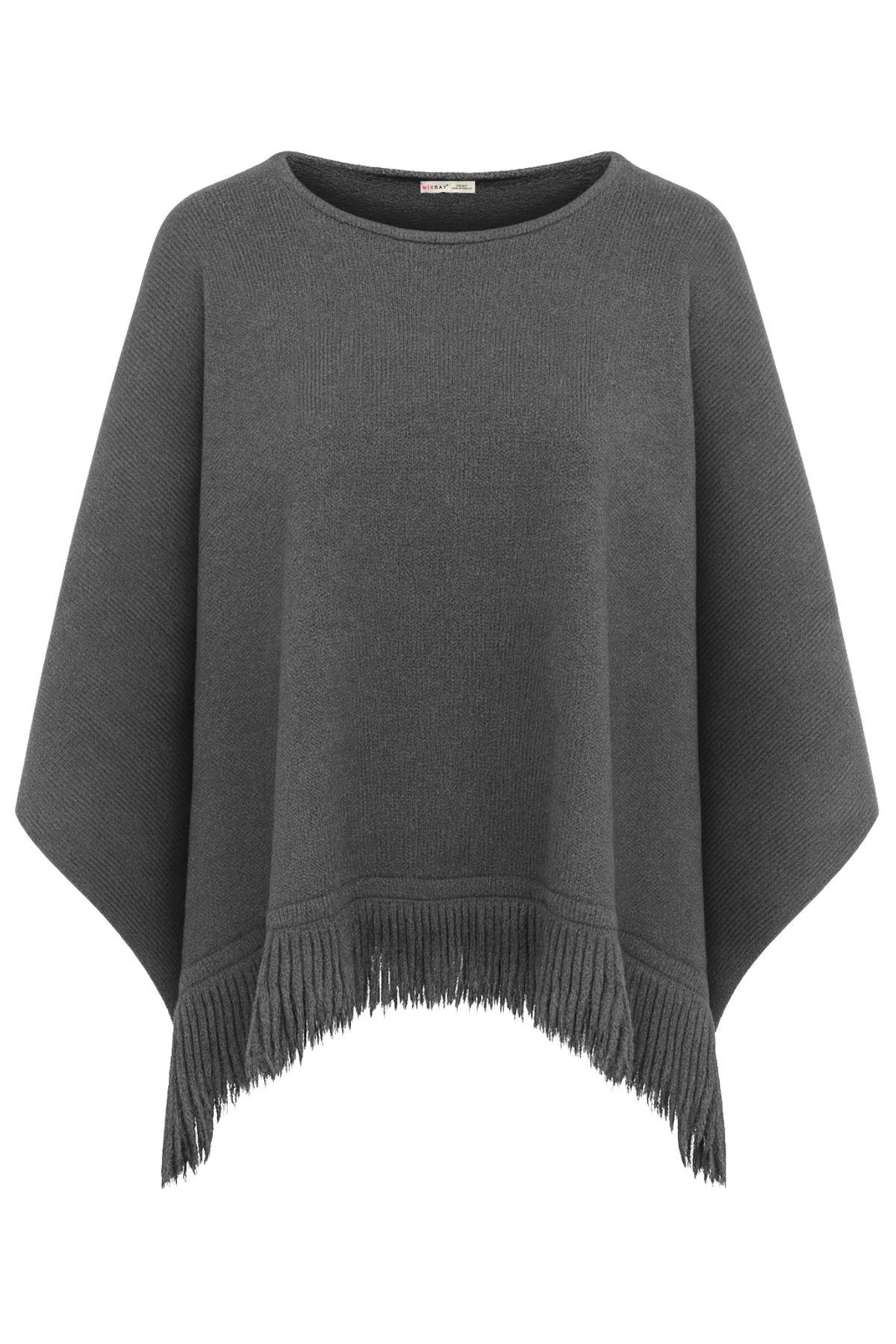 6987 Kadın Püskül Detaylı Triko Panço Kazak Antrasit