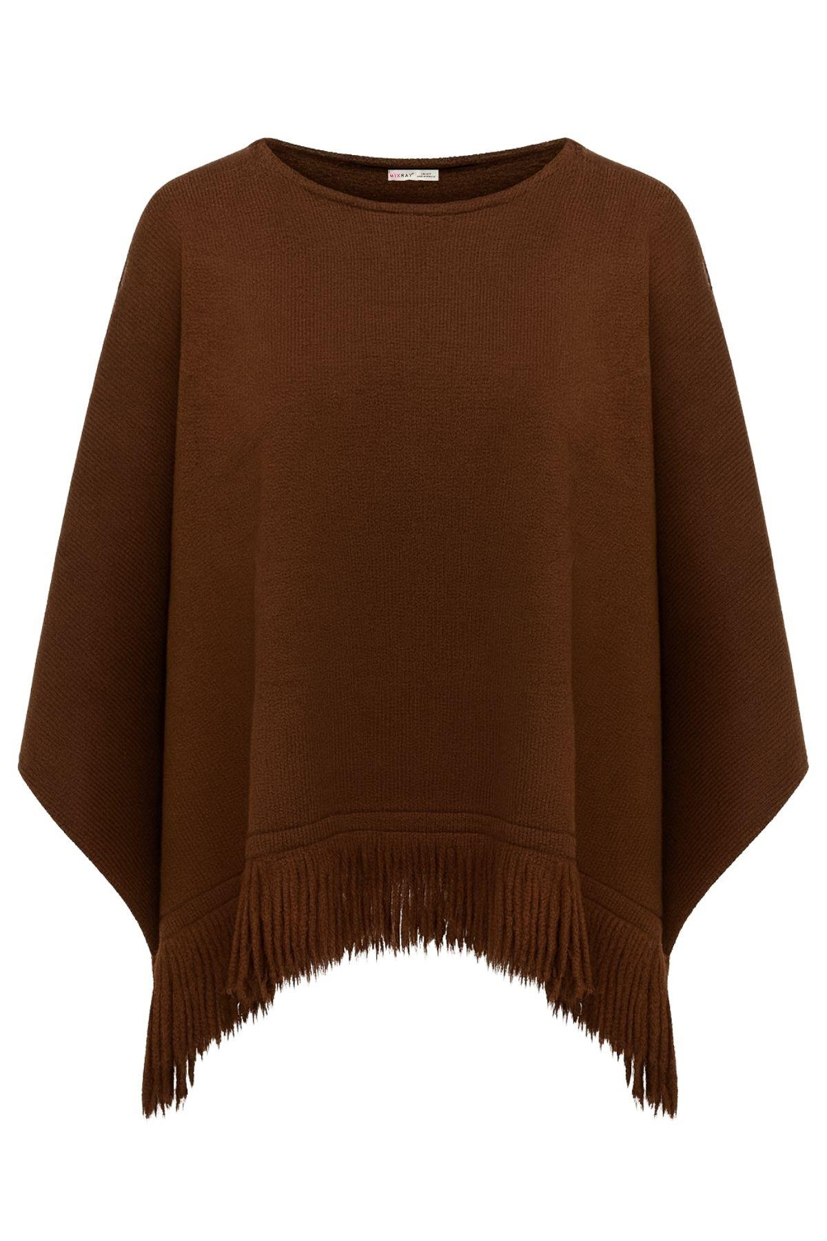 6987 Kadın Püskül Detaylı Triko Panço Kazak Kahve