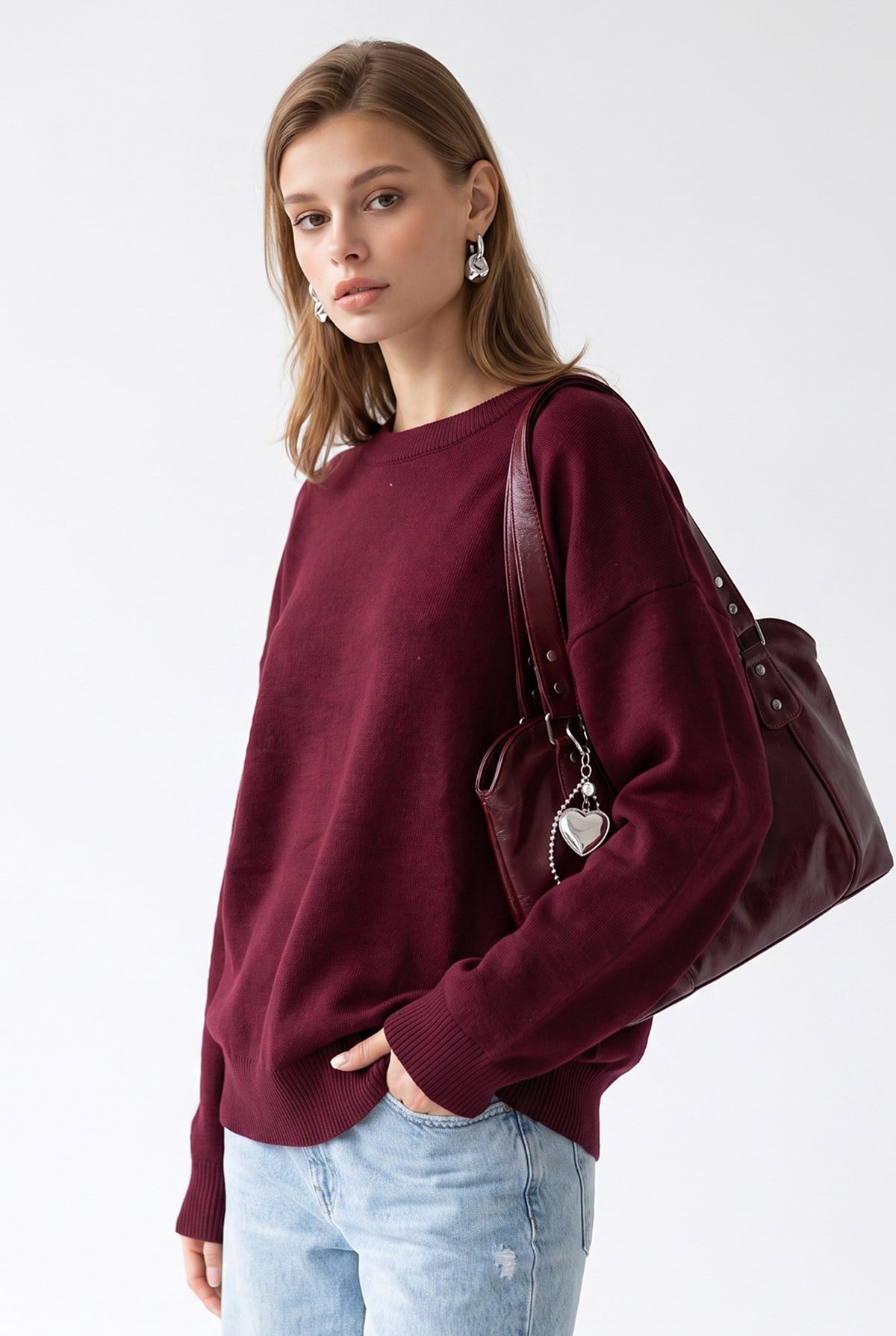 7021 Kadın Bisiklet Yaka Oversize Basic Premium Triko Kazak Bordo