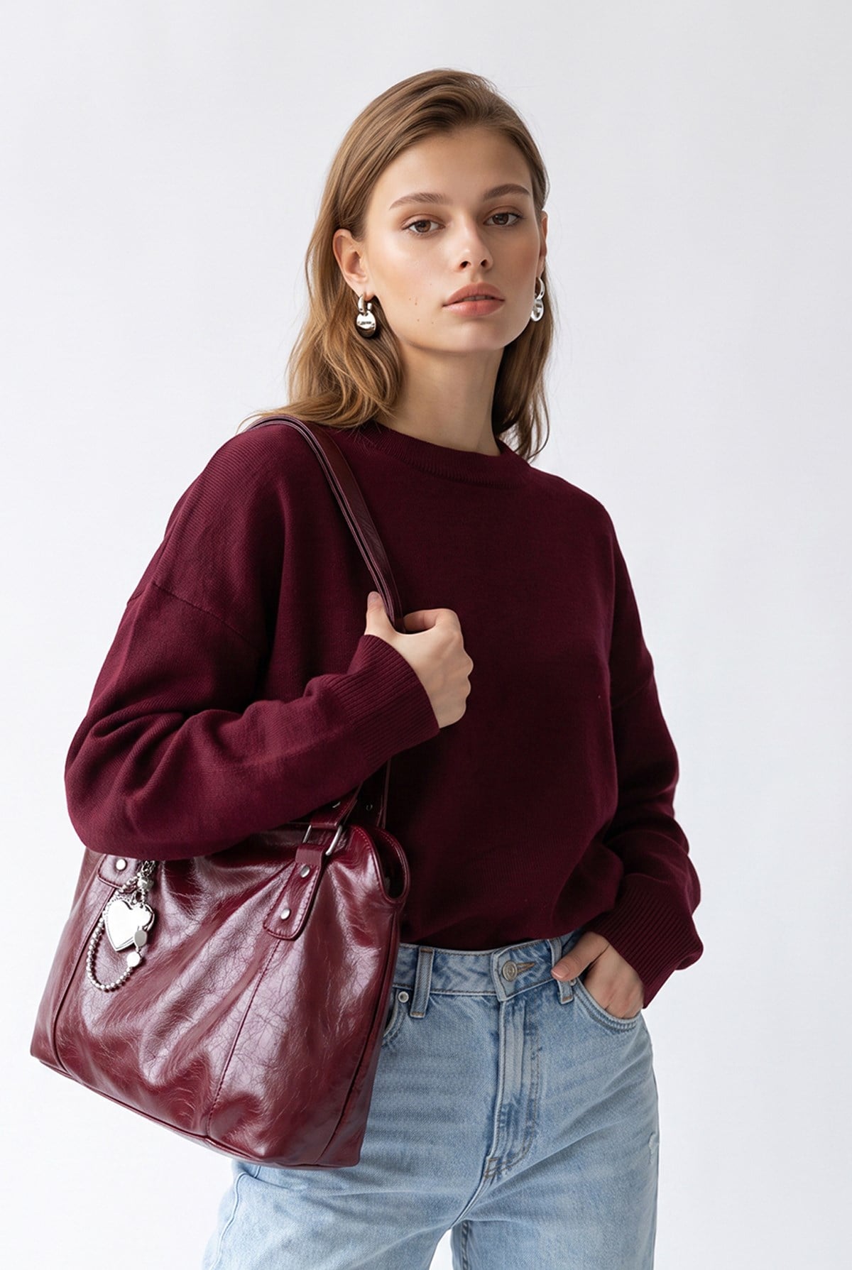 7021 Kadın Bisiklet Yaka Oversize Basic Premium Triko Kazak Bordo