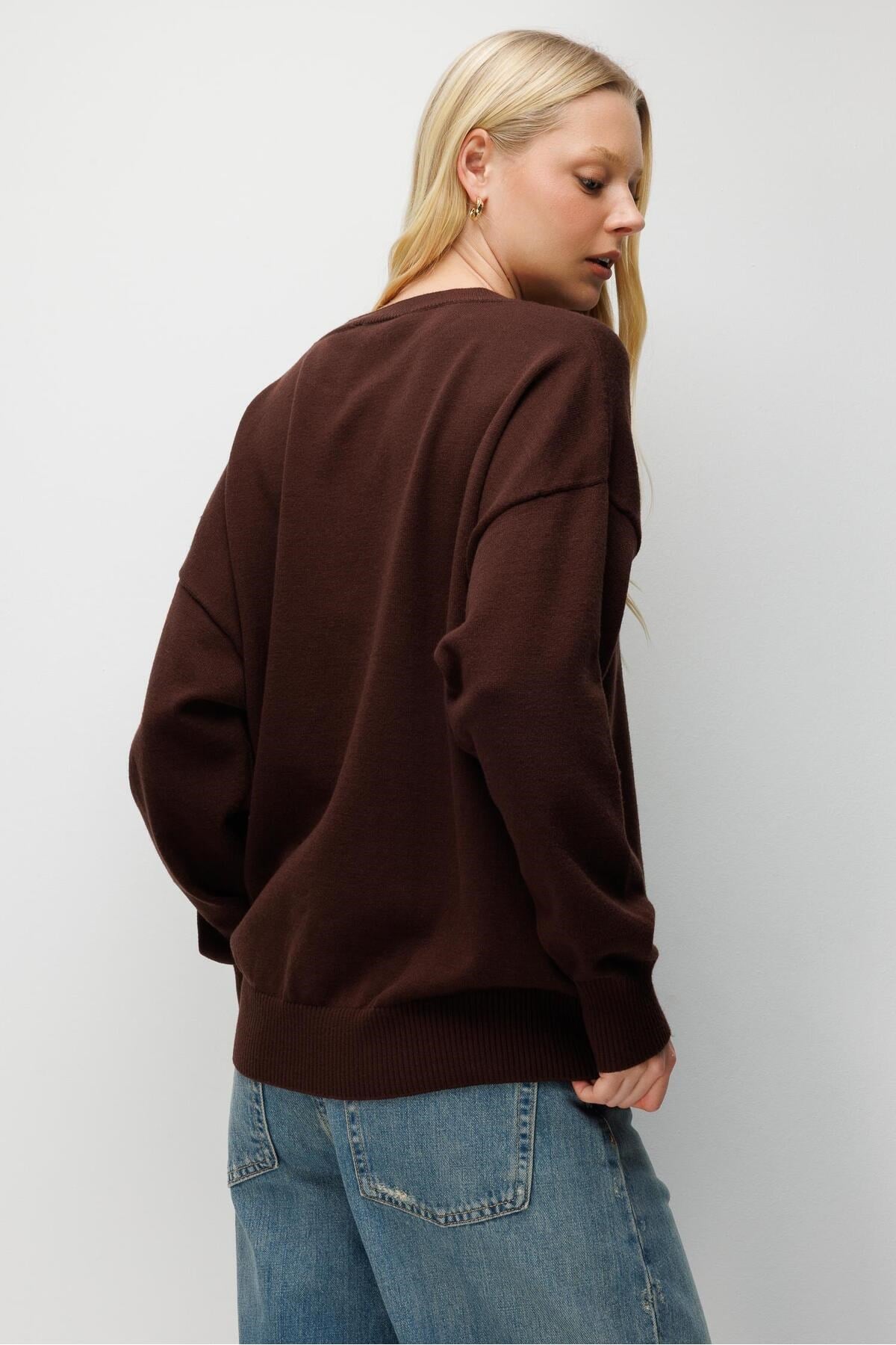 7021 Kadın Bisiklet Yaka Oversize Basic Premium Triko Kazak Kahve