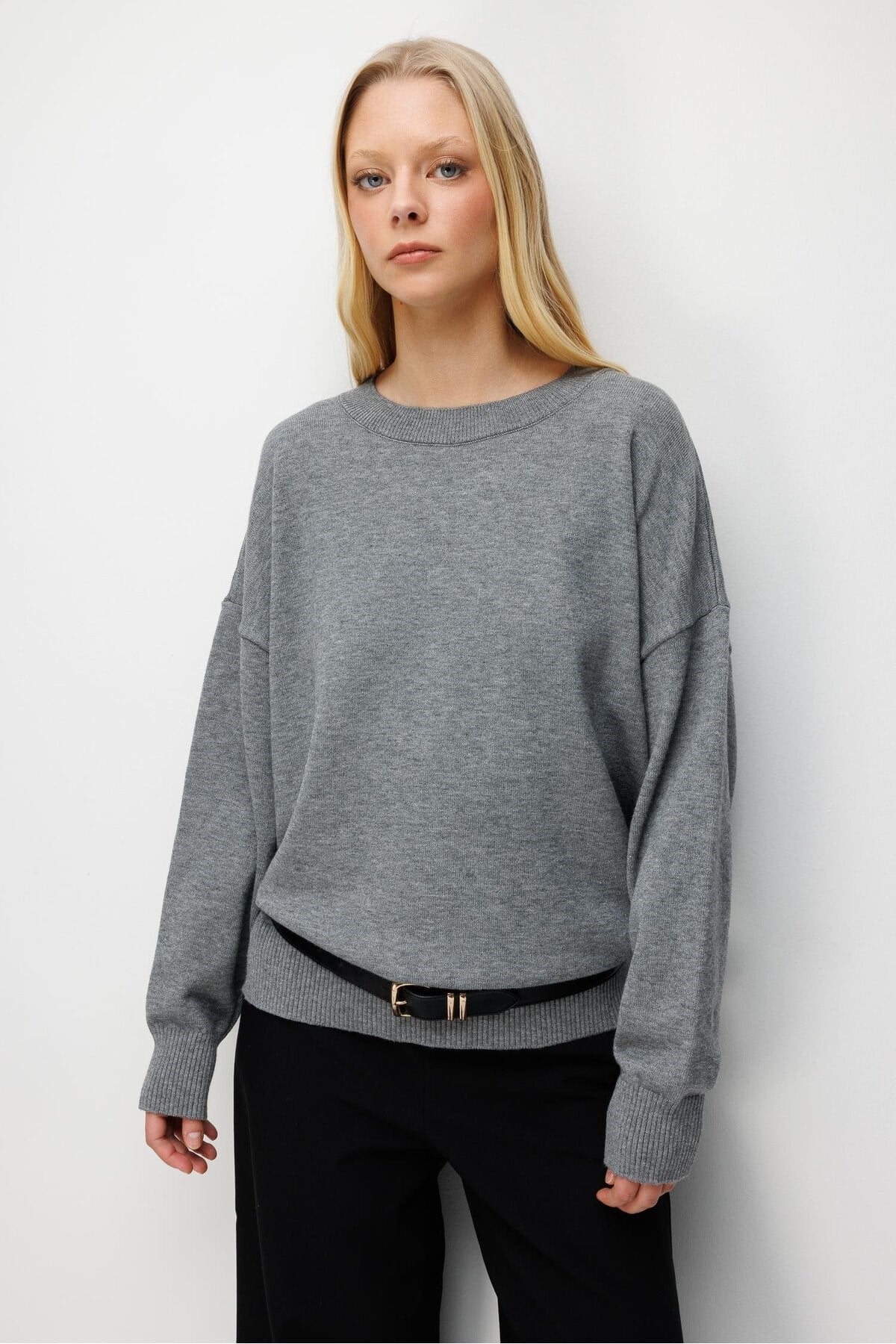7021 Kadın Bisiklet Yaka Oversize Basic Premium Triko Kazak Antrasit