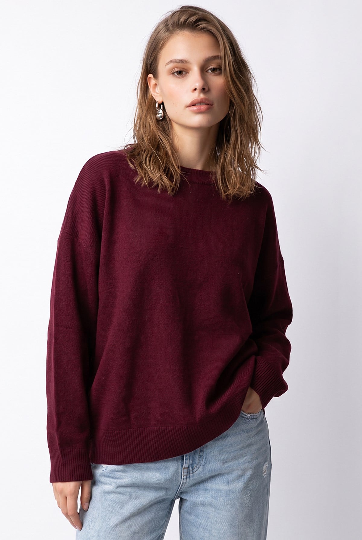 7021 Kadın Bisiklet Yaka Oversize Basic Premium Triko Kazak Bordo