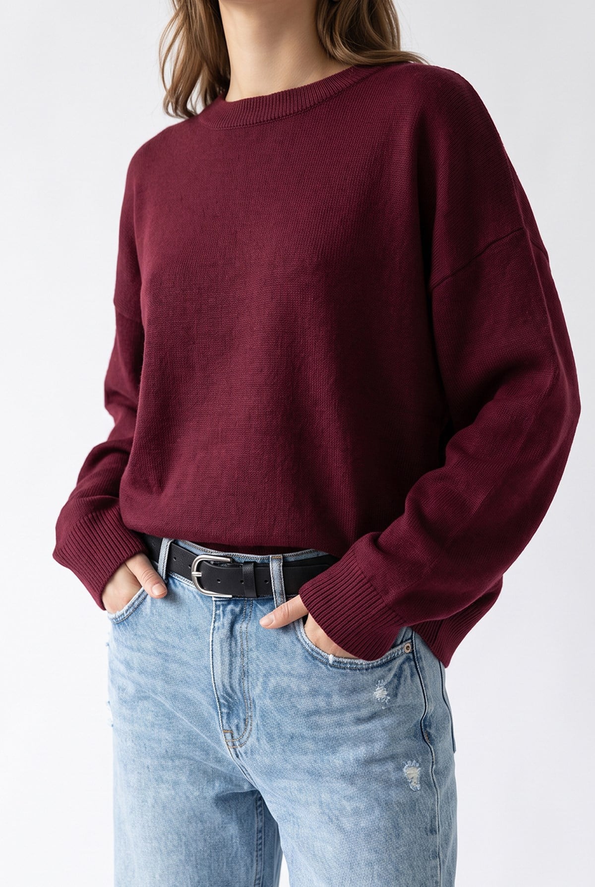7021 Kadın Bisiklet Yaka Oversize Basic Premium Triko Kazak Bordo