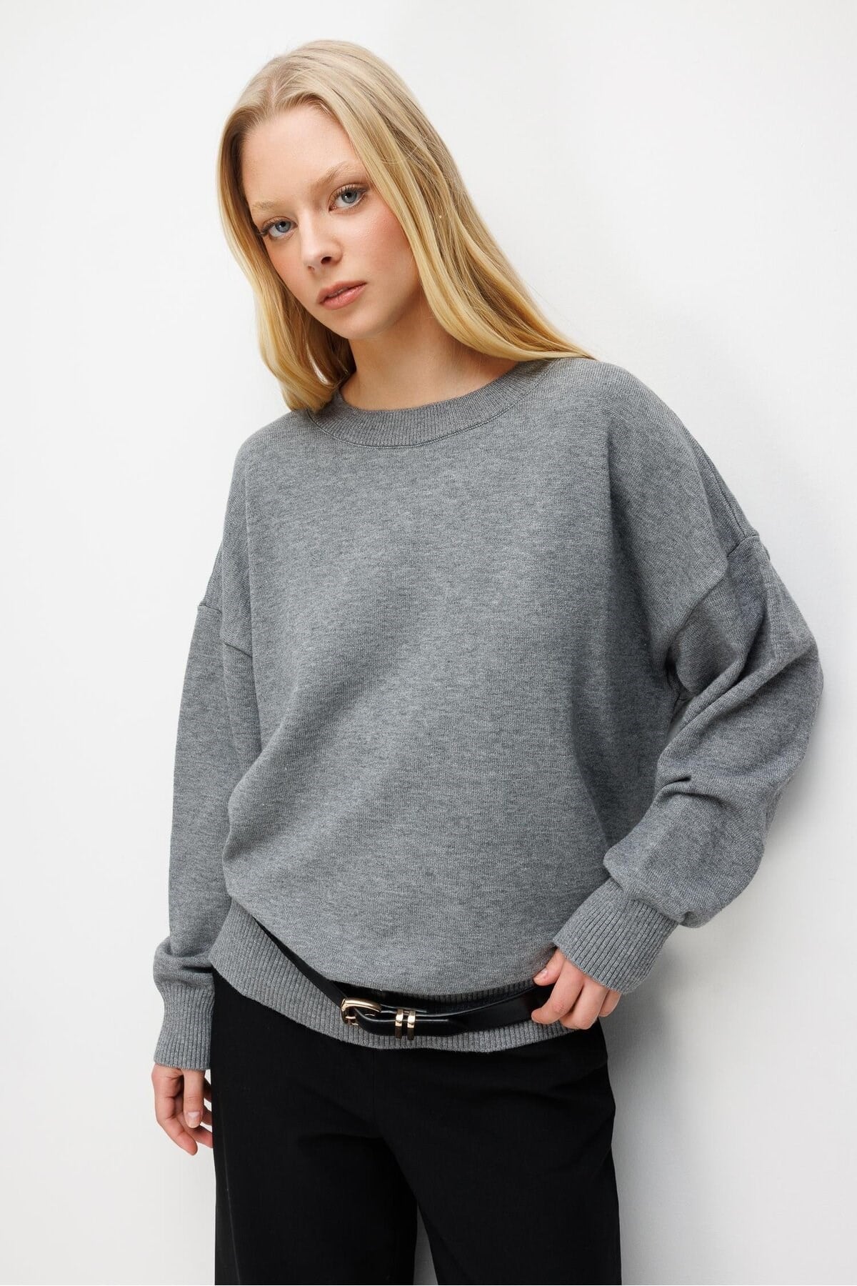 7021 Kadın Bisiklet Yaka Oversize Basic Premium Triko Kazak Antrasit