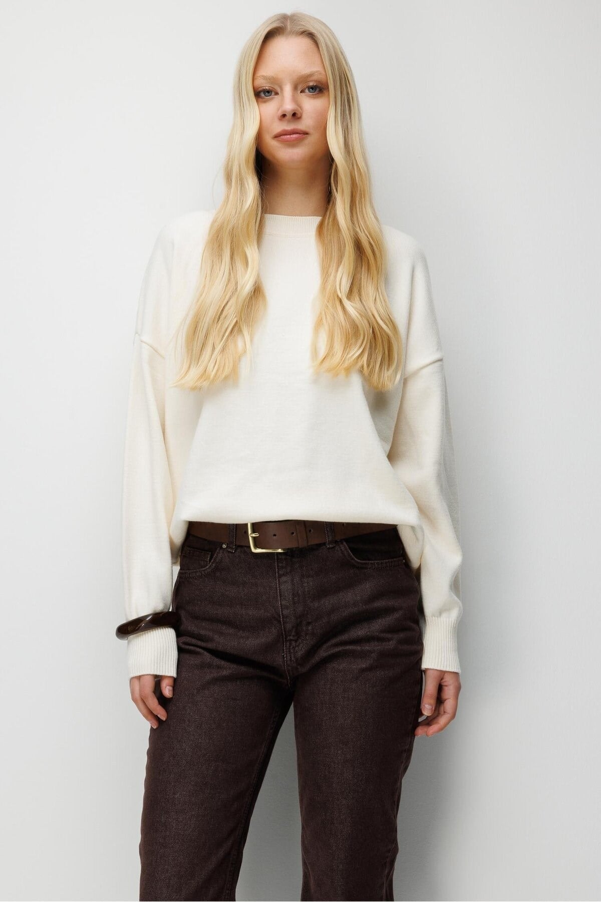 7021 Kadın Bisiklet Yaka Oversize Basic Premium Triko Kazak Naturel