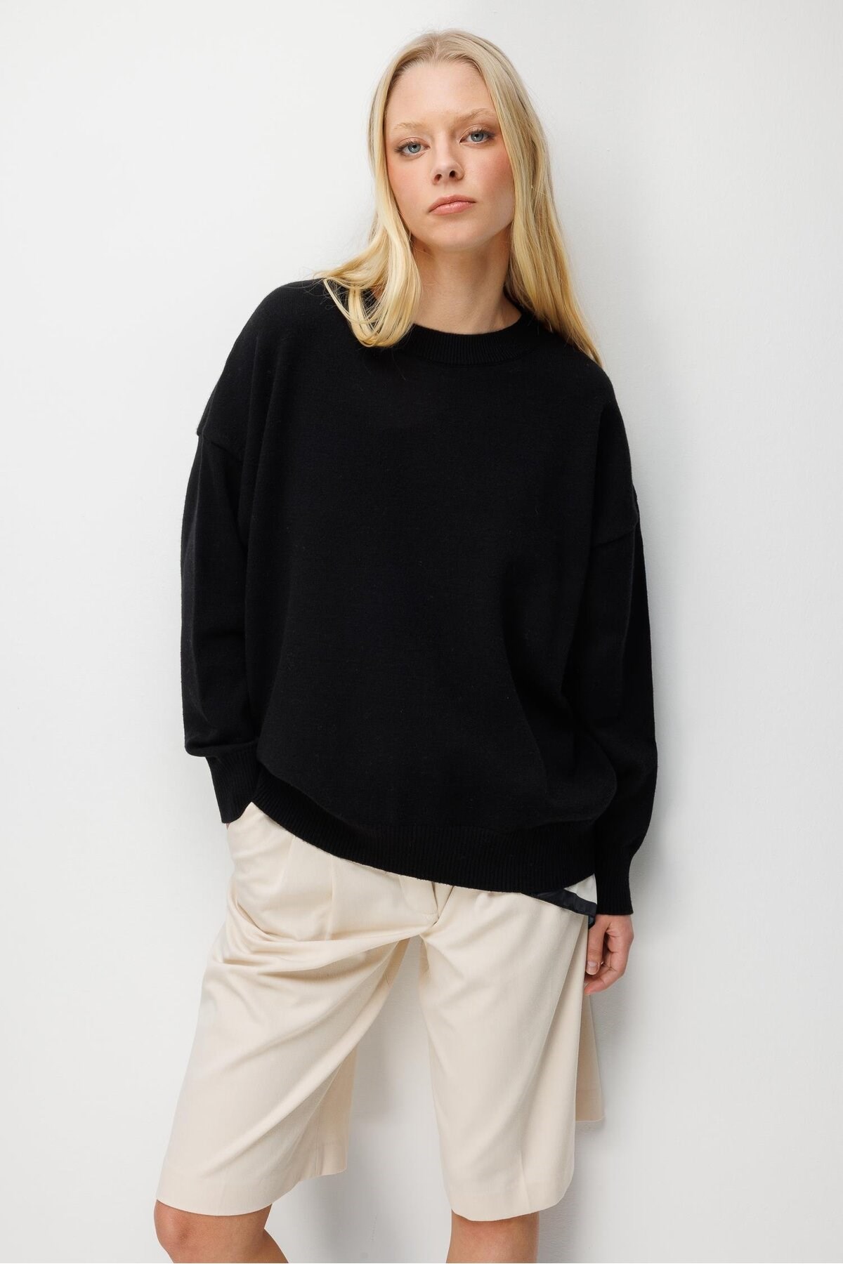 7021 Kadın Bisiklet Yaka Oversize Basic Premium Triko Kazak Siyah