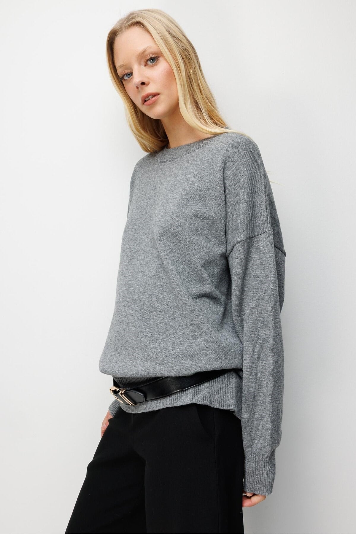 7021 Kadın Bisiklet Yaka Oversize Basic Premium Triko Kazak Antrasit