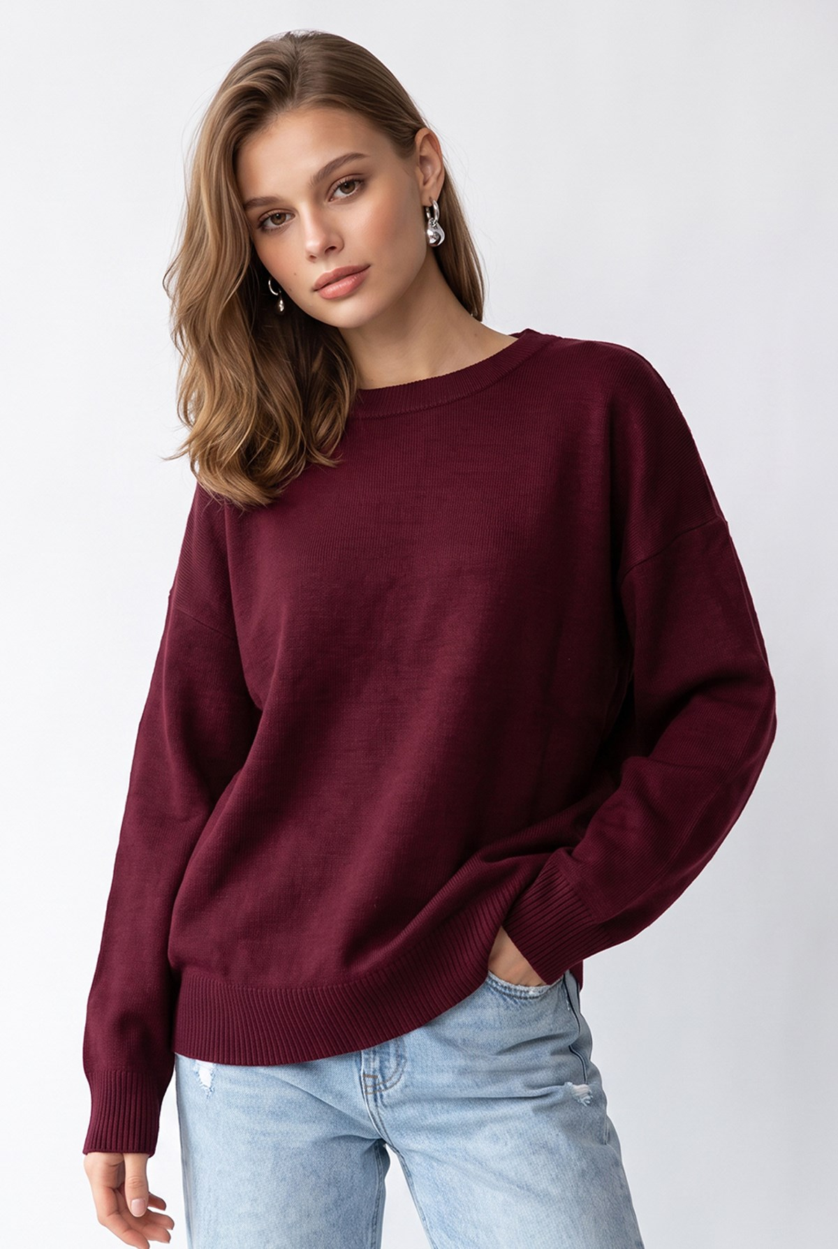 7021 Kadın Bisiklet Yaka Oversize Basic Premium Triko Kazak Bordo