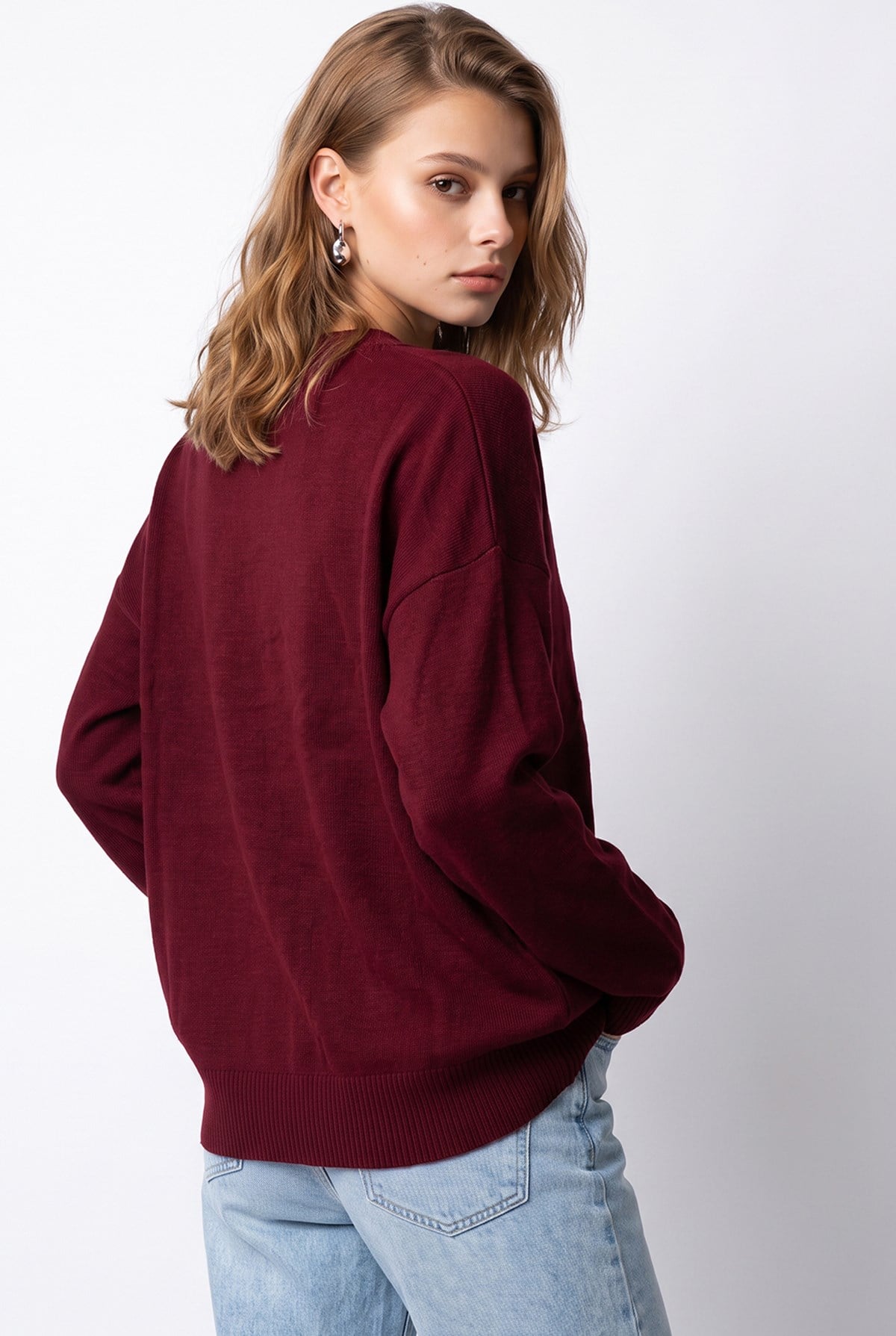 7021 Kadın Bisiklet Yaka Oversize Basic Premium Triko Kazak Bordo