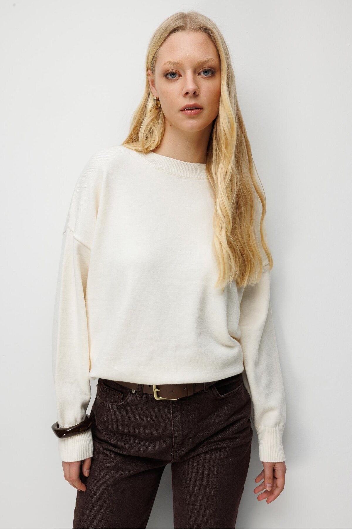 7021 Kadın Bisiklet Yaka Oversize Basic Premium Triko Kazak Naturel
