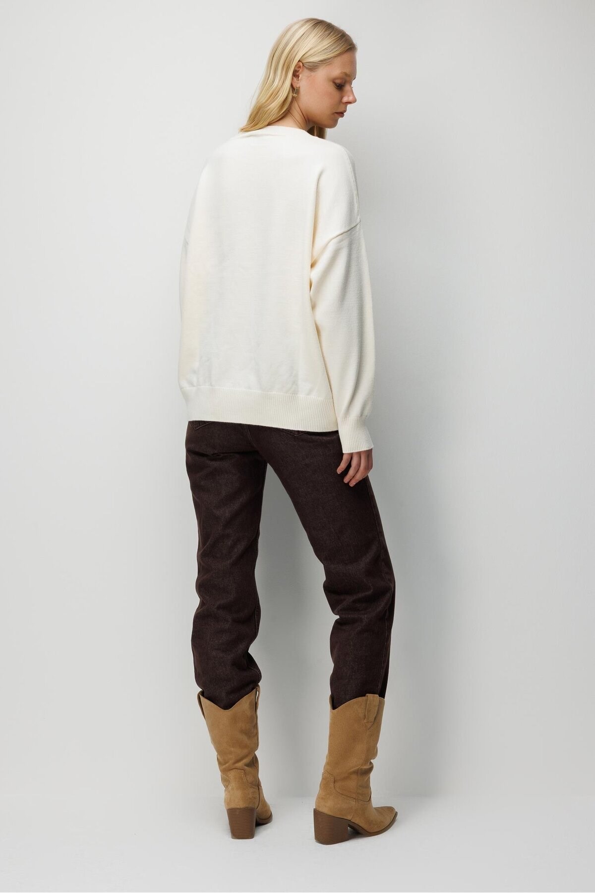 7021 Kadın Bisiklet Yaka Oversize Basic Premium Triko Kazak Naturel