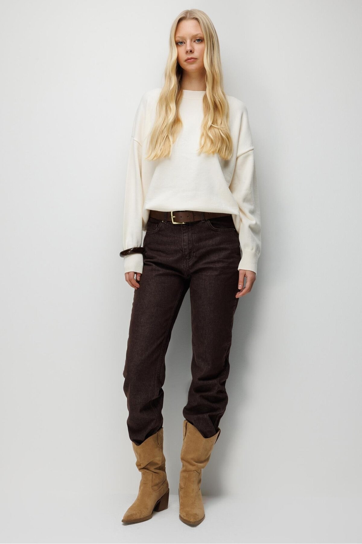 7021 Kadın Bisiklet Yaka Oversize Basic Premium Triko Kazak Naturel