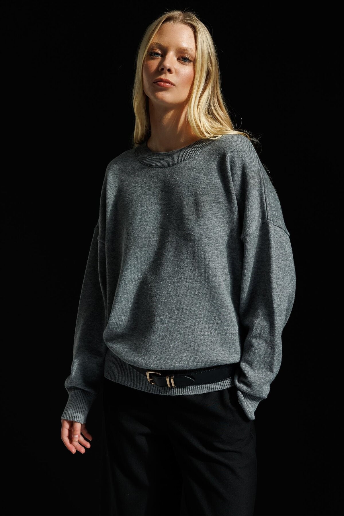 7021 Kadın Bisiklet Yaka Oversize Basic Premium Triko Kazak Antrasit