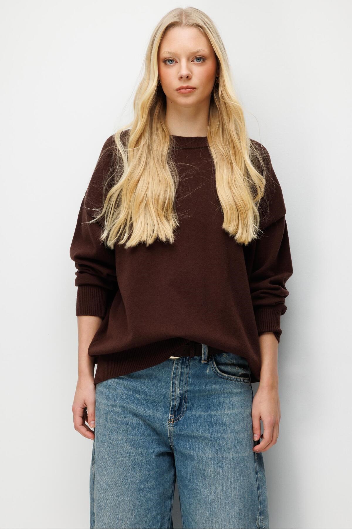 7021 Kadın Bisiklet Yaka Oversize Basic Premium Triko Kazak Kahve