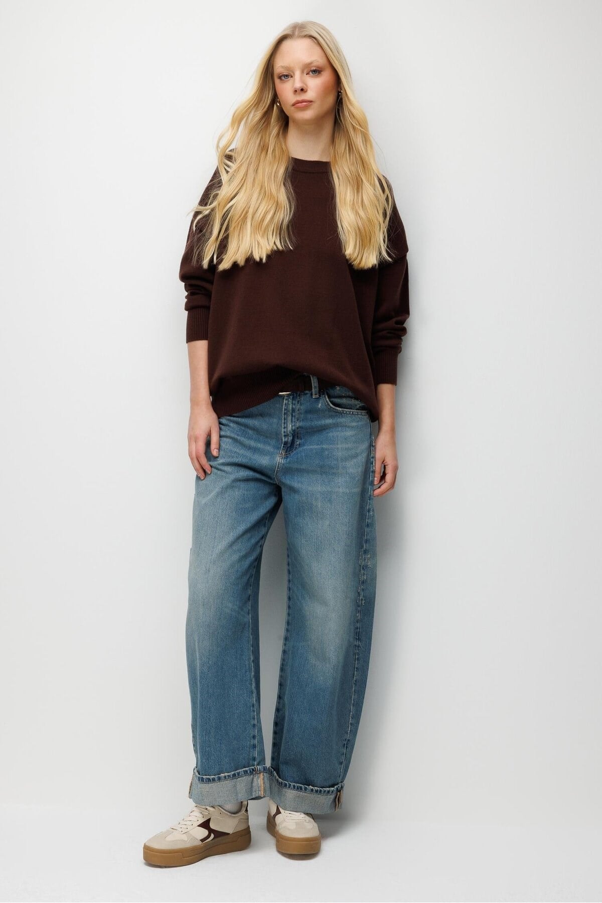 7021 Kadın Bisiklet Yaka Oversize Basic Premium Triko Kazak Kahve