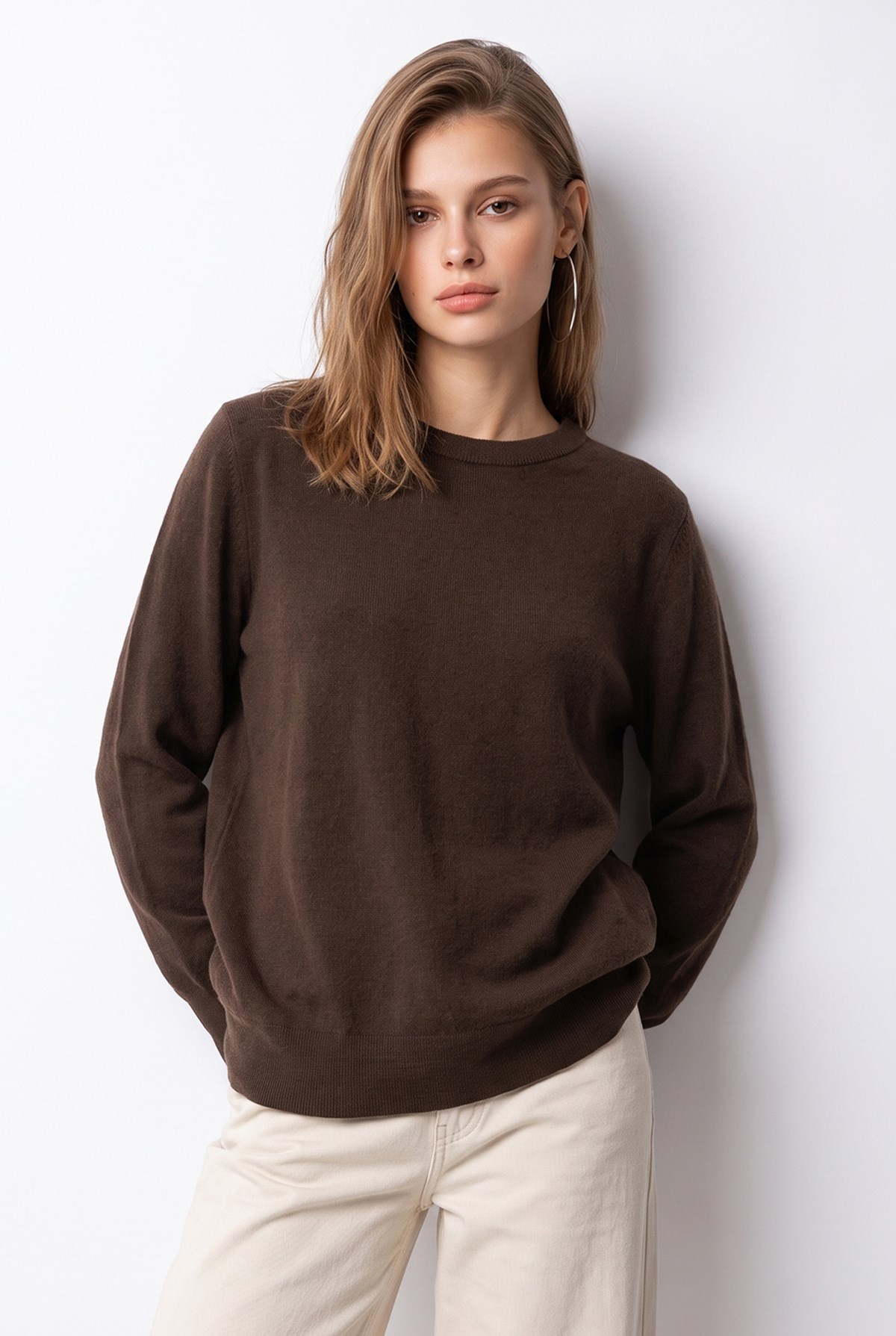 7038 Kadın Bisiklet Yaka Yün Karışımlı Rahat Kesim Kazak Kahve