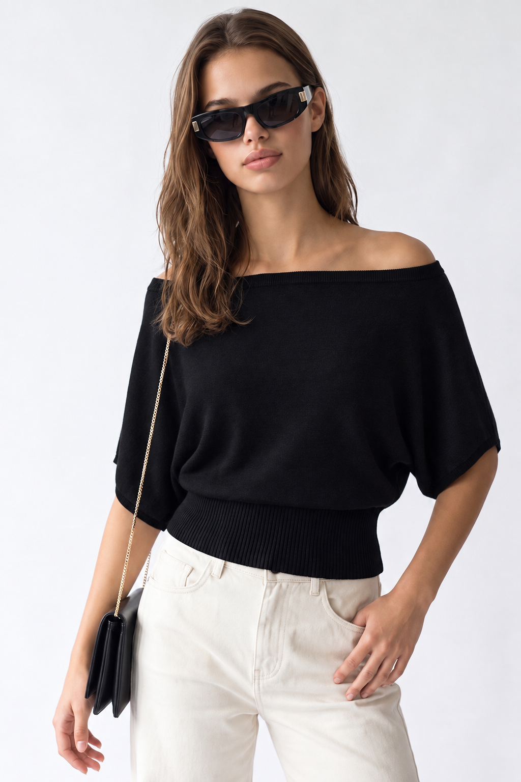 7062 Kadın Belden Oturtmalı Kayık Yaka Yarım Kol Triko Kazak Siyah