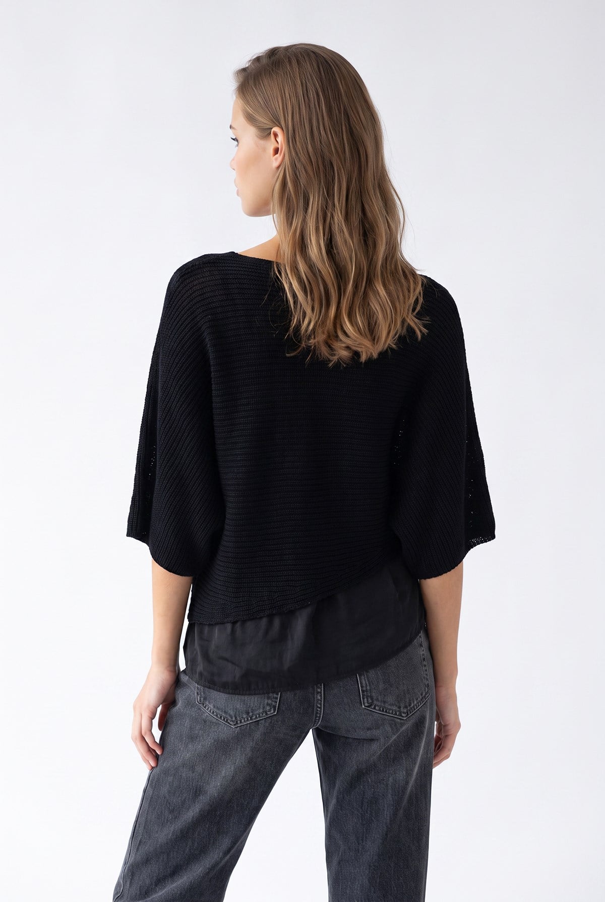 7065 Kadın Düğümlü Kombine Triko Kazak Siyah