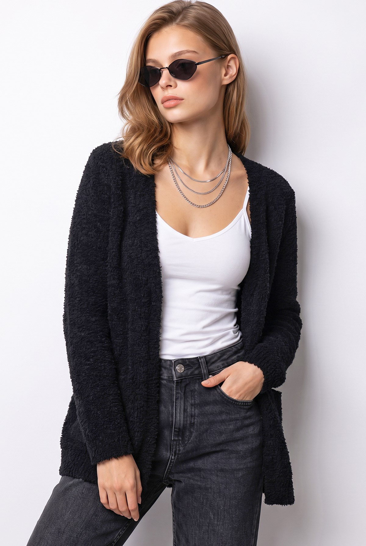 7069 Kadın Buklet Dokulu Cepli Oversize Triko Hırka Siyah