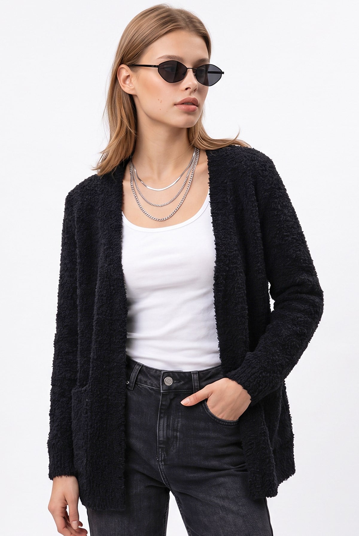 7069 Kadın Buklet Dokulu Cepli Oversize Triko Hırka Siyah