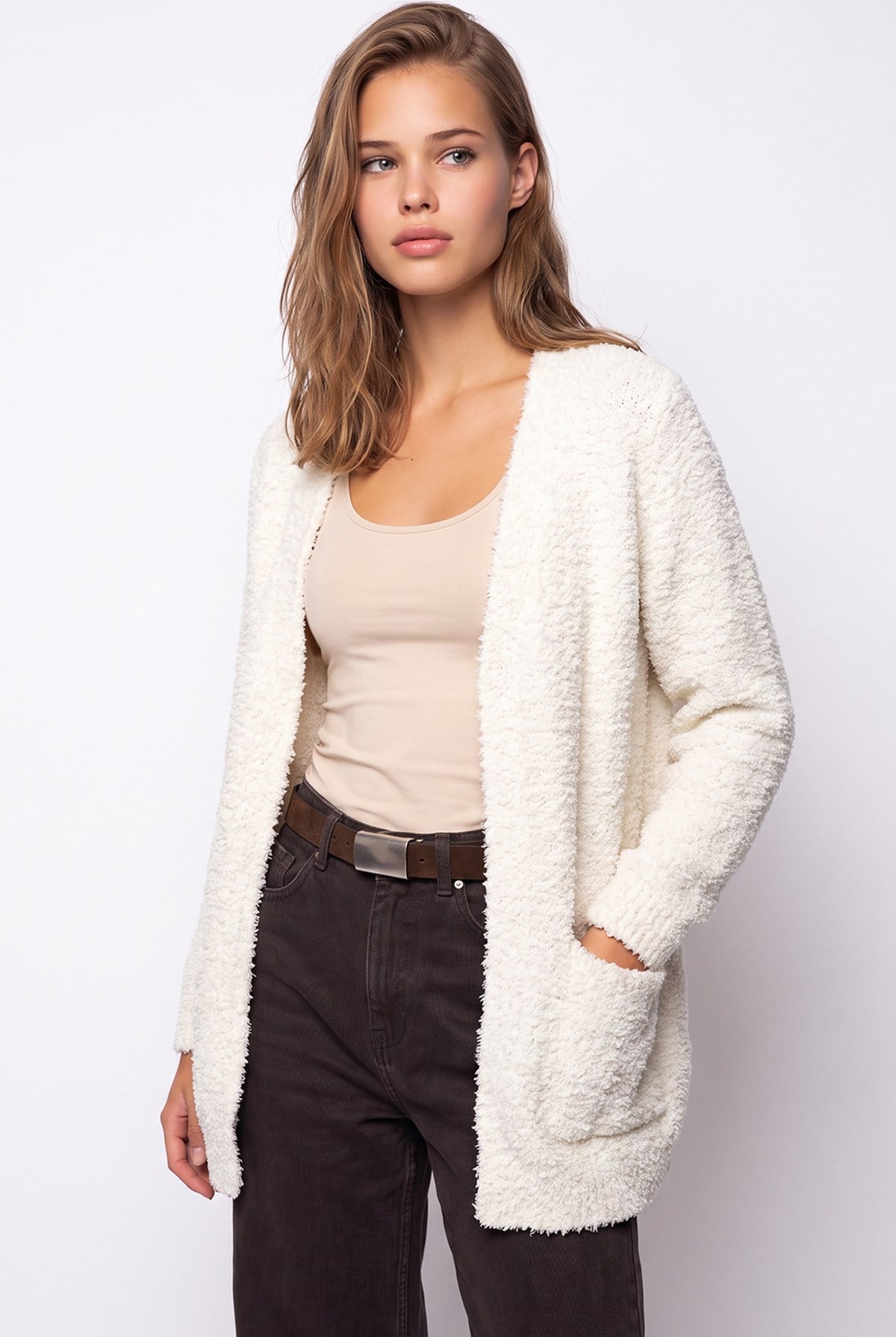 7069 Kadın Buklet Dokulu Cepli Oversize Triko Hırka Krem