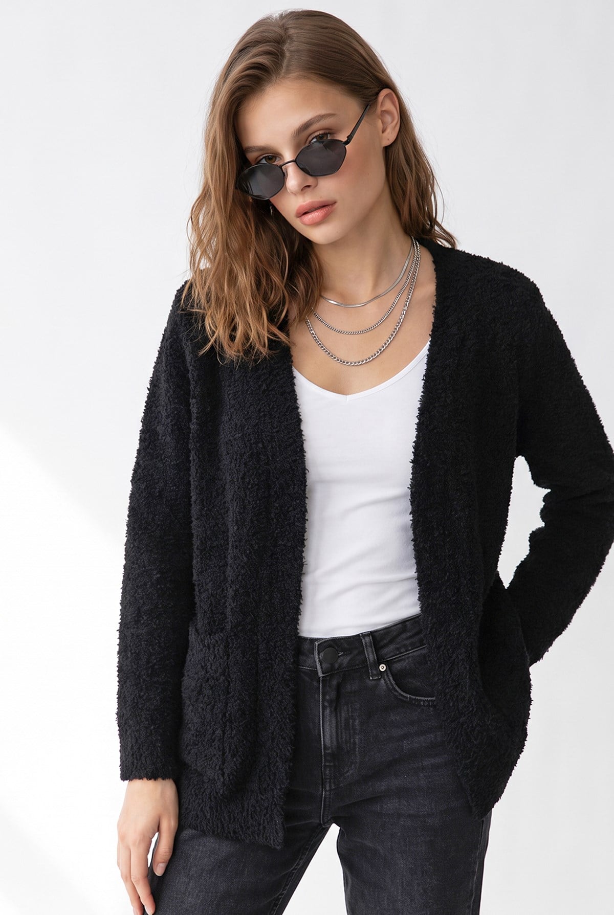 7069 Kadın Buklet Dokulu Cepli Oversize Triko Hırka Siyah