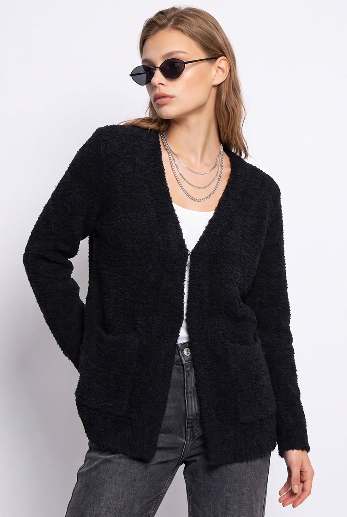 7069 Kadın Buklet Dokulu Cepli Oversize Triko Hırka Siyah