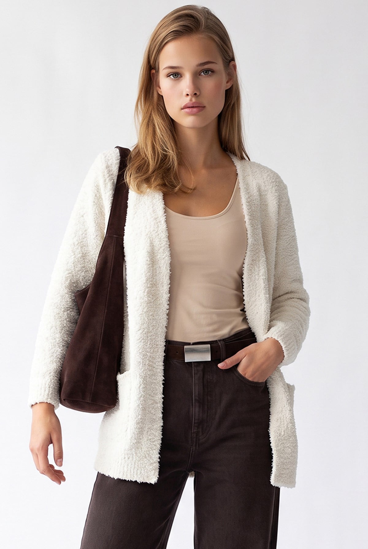 7069 Kadın Buklet Dokulu Cepli Oversize Triko Hırka Krem