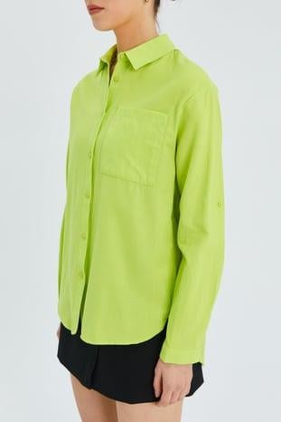 9942 Kadın Oxford Uzun Kol  Basic Gömlek Neon Yeşil