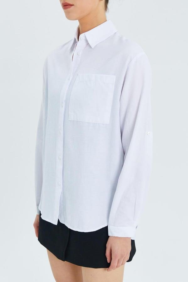 9942 Kadın Oxford Uzun Kol  Basic Gömlek Beyaz