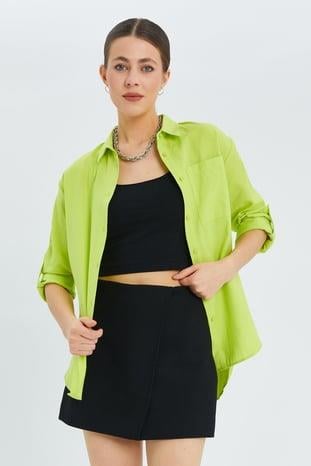 9942 Kadın Oxford Uzun Kol  Basic Gömlek Neon Yeşil