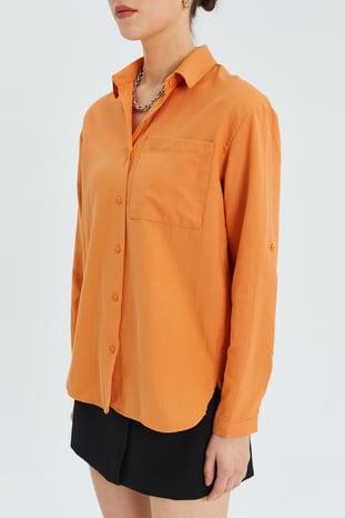 9942 Kadın Oxford Uzun Kol  Basic Gömlek Şeftali
