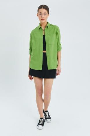 9942 Kadın Oxford Uzun Kol  Basic Gömlek Fıstık Yeşili