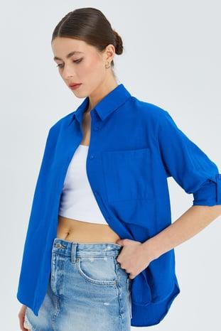 9942 Kadın Oxford Uzun Kol  Basic Gömlek Mavi