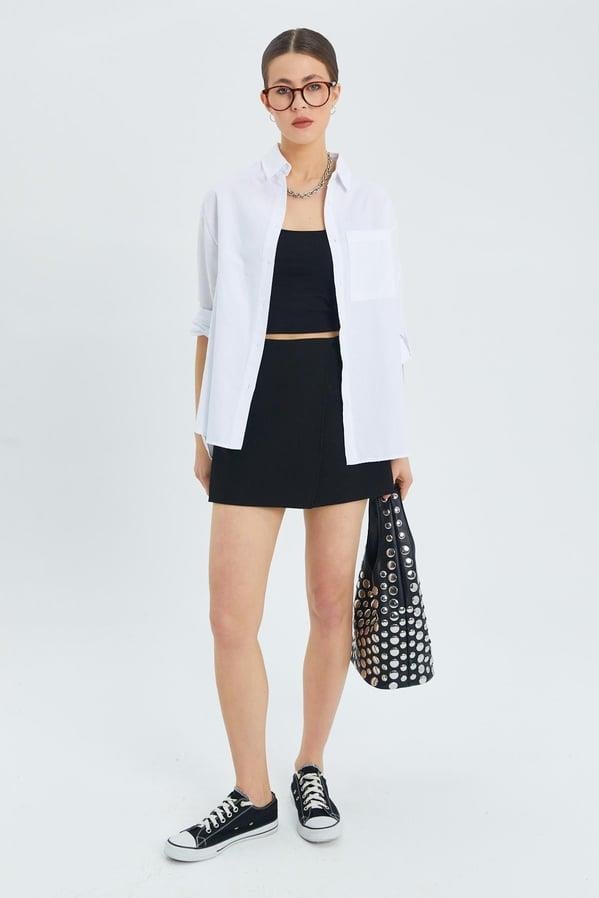 9942 Kadın Oxford Uzun Kol  Basic Gömlek Beyaz