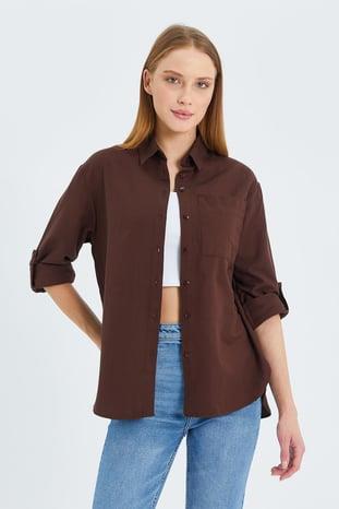 9942 Kadın Oxford Uzun Kol  Basic Gömlek Kahve