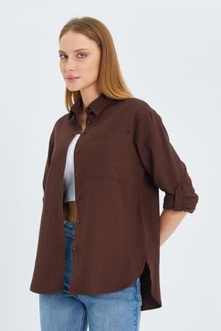 9942 Kadın Oxford Uzun Kol  Basic Gömlek Kahve