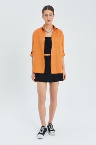 9942 Kadın Oxford Uzun Kol  Basic Gömlek Şeftali