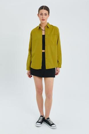 9942 Kadın Oxford Uzun Kol  Basic Gömlek Olive