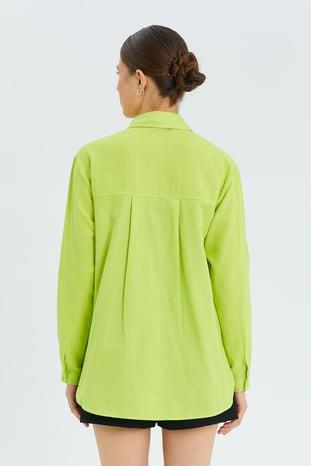 9942 Kadın Oxford Uzun Kol  Basic Gömlek Neon Yeşil