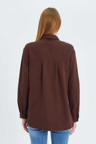 9942 Kadın Oxford Uzun Kol  Basic Gömlek Kahve