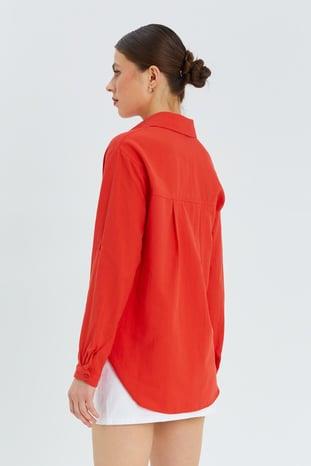 9942 Kadın Oxford Uzun Kol  Basic Gömlek Kırmızı