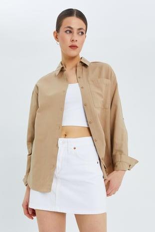 9942 Kadın Oxford Uzun Kol  Basic Gömlek Bisküvi