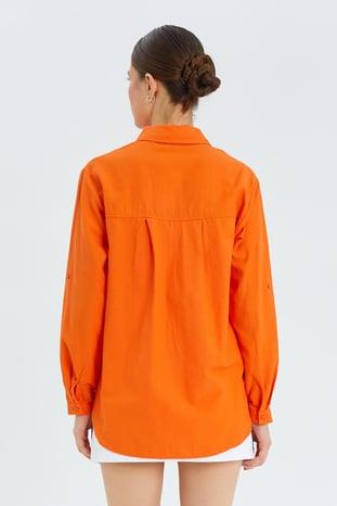 9942 Kadın Oxford Uzun Kol  Basic Gömlek Oranj