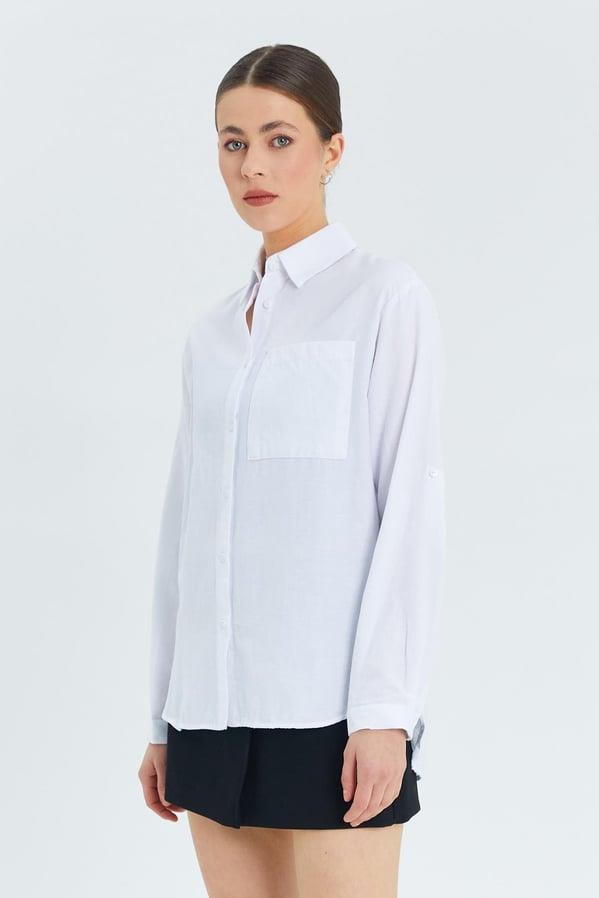 9942 Kadın Oxford Uzun Kol  Basic Gömlek Beyaz