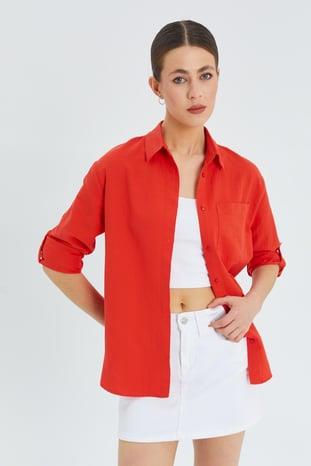 9942 Kadın Oxford Uzun Kol  Basic Gömlek Kırmızı