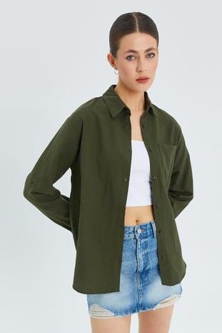 9942 Kadın Oxford Uzun Kol  Basic Gömlek Haki